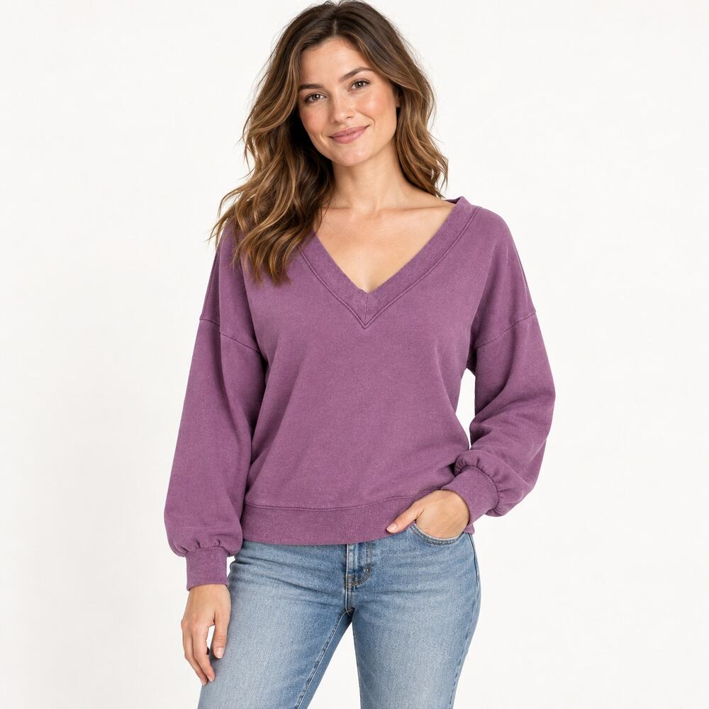 Madewell Sweatshirt WMNS XS Purple V Neck Cotton Hemp Balloon Sleeve Boho Casual